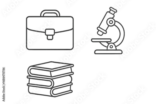 Business, science and education icon set. Briefcase for work, microscope for research and books for knowledge. Vector line icons for web, apps and infographics concept.