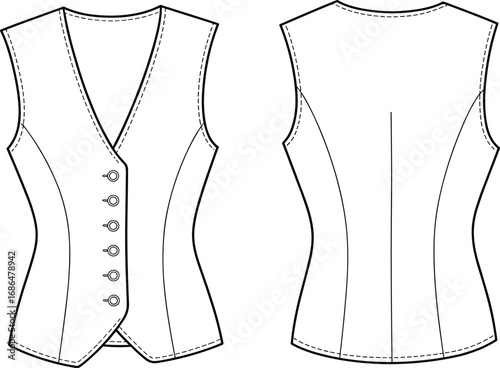 Women’s vest sketch, technical fashion illustration, front and back view, button closure, princess seams, tailored fit, garment construction drawing