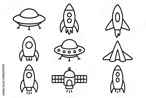 Spaceship Outline Icons Collection, Editable Stroke Vector Art, Cartoon Style Spacecraft and UFO Symbols for Infographics, Articles, Books, Flyers, Banners, Transparent Background