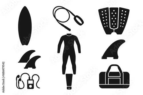 Surfing Equipment Silhouette Icons Set Including Surfboard, Leash, Traction Pad, Wetsuit, Fins, and Accessories Vector Cartoon Illustration with Transparent Background