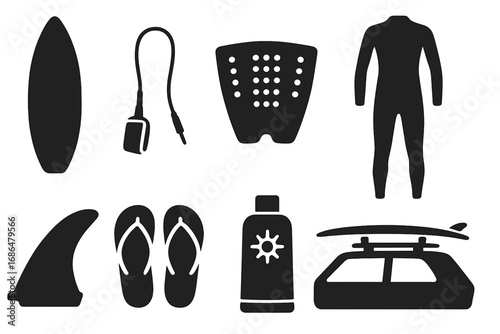 Surfing equipment icons set in silhouette style including surfboard, leash, traction pad, wetsuit, fin, flip-flops, sunscreen, and car with surfboard rack, vector illustration