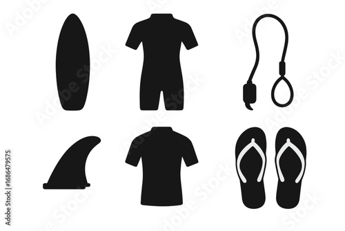 Surfing Essentials Icons Set with Black Silhouettes of Surfboard, Wetsuit, Leash, Fin, Rash Guard, and Flip Flops, Vector Cartoon Style Gear and Apparel for Beach and Water Sports