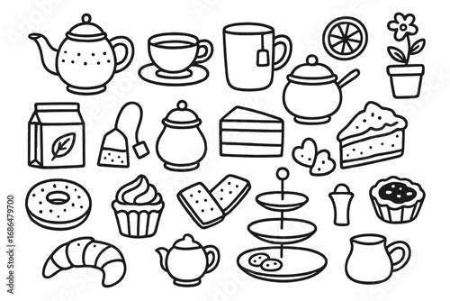 Hand-drawn teatime essentials doodle collection with tea party items, snacks, pastries, cakes, cups, teapots, croissants, cookies, sweets, and floral accents, cartoon vector illustration set