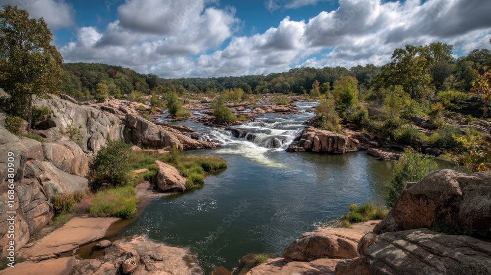 Fototapeta premium River flows through rocky landscape with trees and cloudy sky.