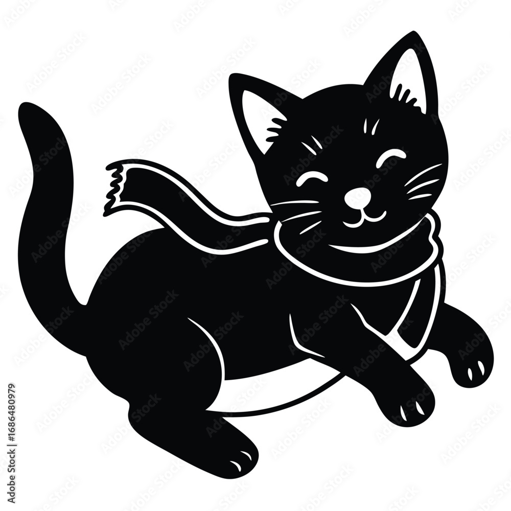 Fototapeta premiumA cute kitten sits upright, wearing a brown hat. Its large eyes and tiny nose give it an endearing look, while its tail curls around its side.