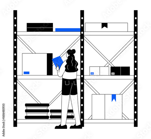 shipment record, data, computer, logistic, shipping, warehouse, delivery, drawing, sketchy, glyph, illustration, vector
Hand drawn style illustration showing inventory 

