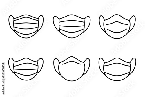 Medical face mask line icon set. Vector collection of surgical masks, respirators for virus protection. Health safety, pandemic hygiene concepts for web, apps, infographics.