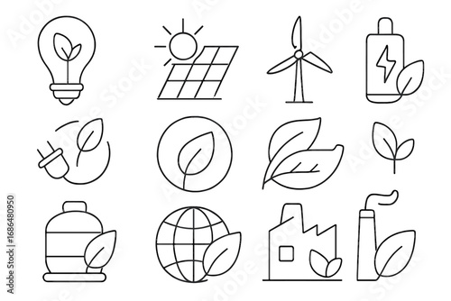 Green energy thin line icon set. Renewable and sustainable power sources. Ecology and environment vector symbols. Solar panel, wind turbine, biofuel, eco friendly collection.