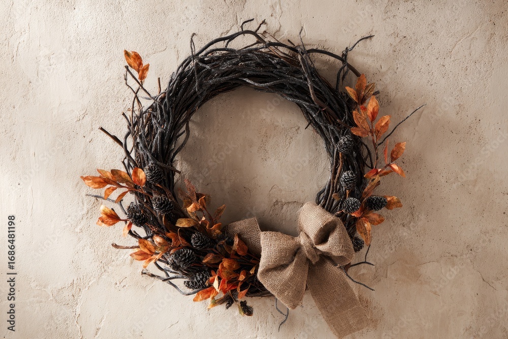 Fototapeta premium A rustic, autumnal wreath with dark branches, warm orange accents, and a burlap bow, hangs beautifully on a textured wall.