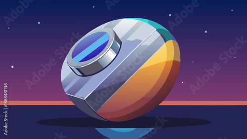 Futuristic metallic sphere with lens lying on reflective surface under starry sky