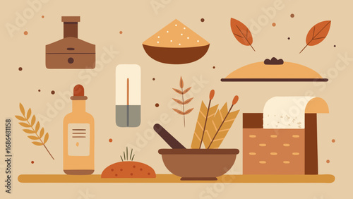 Flat illustration of bakery ingredients and kitchen tools with autumn colors on beige background