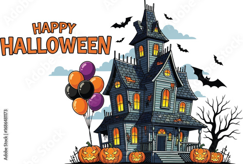 Vector art of floating ghosts holding halloween balloons and a happy halloween banner, , creating a spooky and festive atmosphere