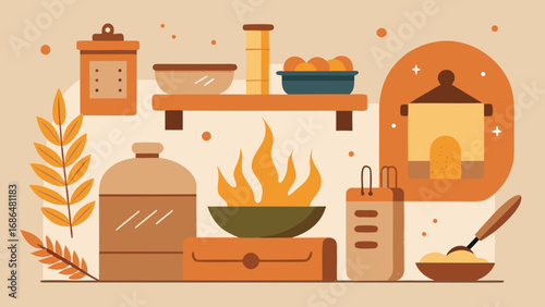Flat illustration of cozy kitchen scene with cooking fire, ingredients, and rustic tools in warm tones