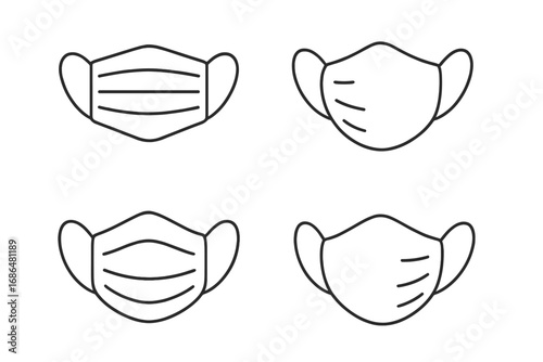 Medical face mask line icon set. Vector collection of surgical masks. Health protection, safety from virus, dust, pollution. Covid-19, pandemic prevention symbol.