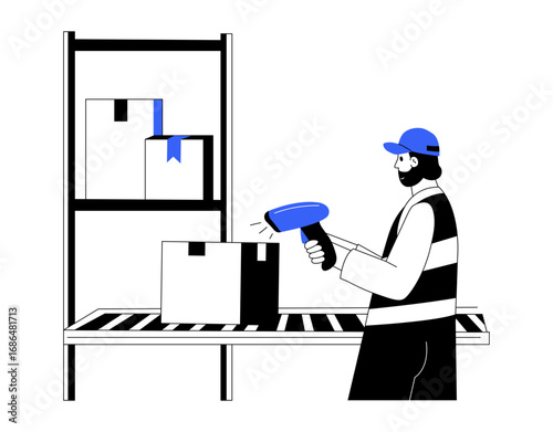 Hand drawn illustration showing a character scanning boxes 
