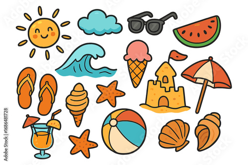 Summer Doodles Fun Beach and Sun Icons Vector Cartoon Illustration with Waves, Ice Cream, Starfish, Sandcastle, Umbrella, Flip-Flops, Sunglasses, Watermelon and Tropical Drink Transparent Background
