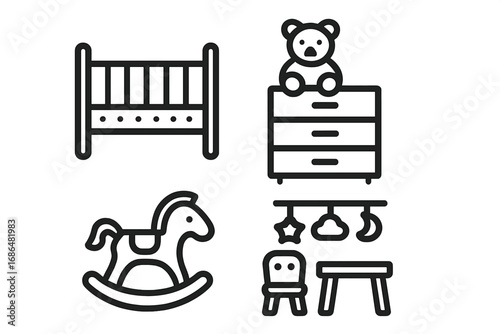 Kids room furniture and decor icon set. Vector line art illustration of nursery items. Minimalist symbols including crib, rocking horse, dresser with teddy bear, and mobile.