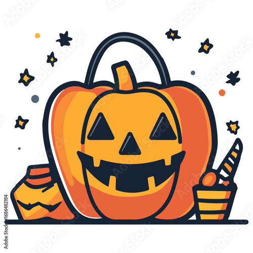 pumpkin, jack o' lantern, decoration, candy, pumpkin candy bucket, trick or treat, halloween, festival, vector, transparent background, scary, october, lantern, celebration, jack, carved, horror