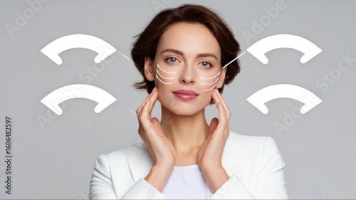 Professional skincare expert applying advanced facial lifting technique, drawing arrows on smooth complexion, revealing anti aging treatment against minimalist background