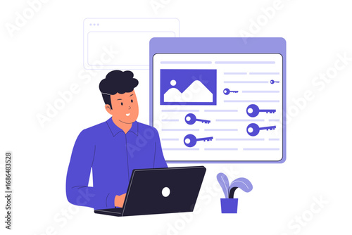 Keyword Stuffing and SEO Spam Illustration. A Man Over-optimizing Website Content with Excessive Keywords, Highlighting Black-Hat SEO Tactics and Penalties. Flat Vector Illustration.