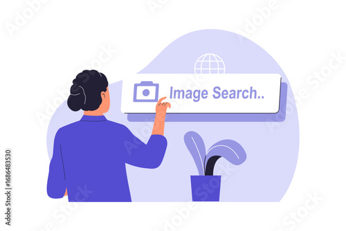 Image Search and Visual Content Discovery. A Woman Using an Image Search Engine on a Website, Highlighting Visual SEO Strategies and Modern Search Technology. Flat Vector Illustration.