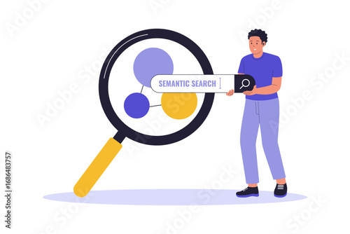 Semantic Search and Modern SEO Strategy. Analyzing User Intent and Contextual Meaning for Website Optimization, Highlighting the Future of Search Engines. Flat Vector Illustration.