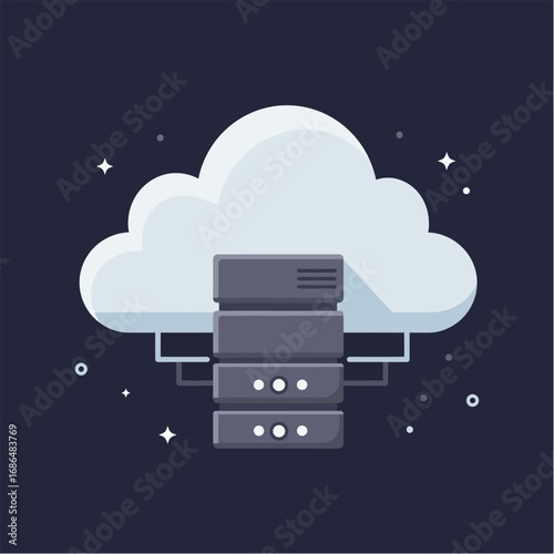 Cloud computing illustration featuring a server rack within a stylized cloud, representing data storage.