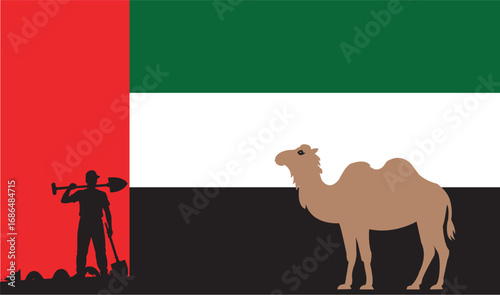 UAE Labor Day Scene with Worker Silhouette and Camel on National Flag