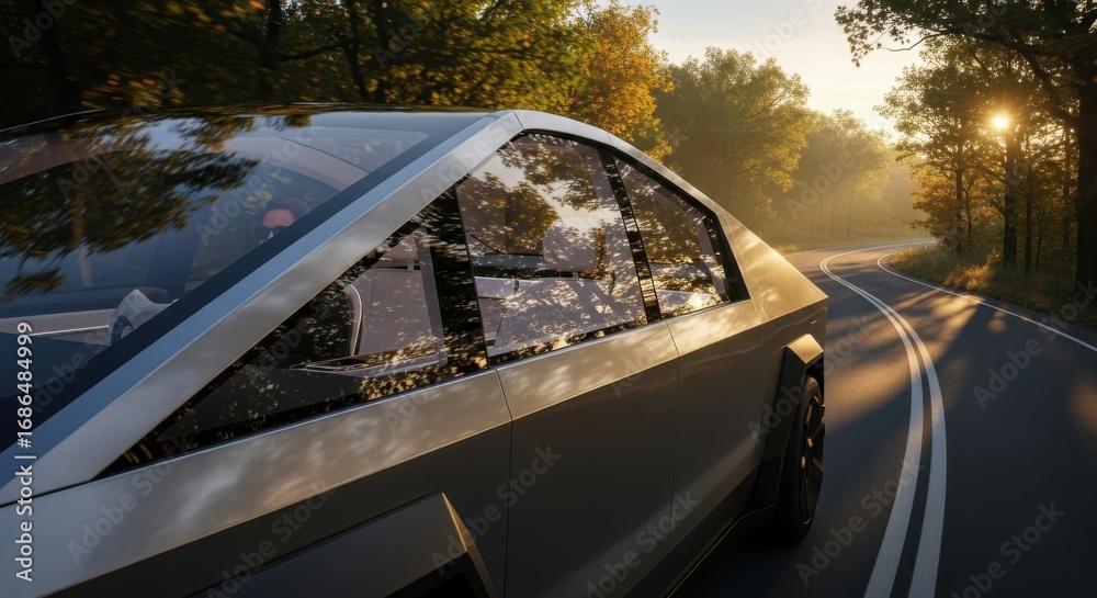 Obraz premium Futuristic Silver Car Driving on Curved Road Through Autumn Forest During Sunset