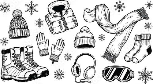 Sporty Winter Gear Hand-Drawn Illustration of Essential Cold-Weather Accessories