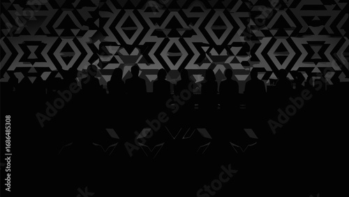 Silhouetted figures stand before a patterned backdrop, creating a stark contrast in monochrome tones and shapes
