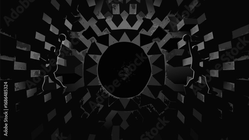 Abstract monochrome background featuring basketball players and geometric patterns in dark shades silhouette
