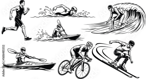 Diverse Sports Activities Marathon Running, Swimming, Kayaking, Surfing, Cycling & Skiing
