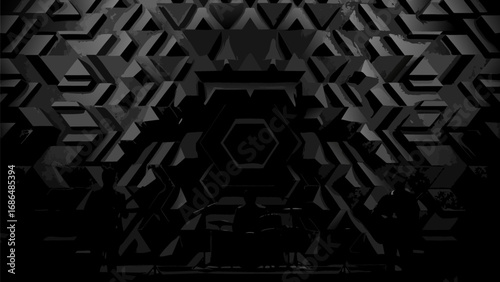A black and white image featuring a geometric wall with a central hexagon shape and silhouetted figures below