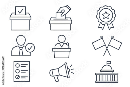 Election line icon set. Politics and voting concept. Government, democracy, campaign. Vote, ballot box, debate, candidate, capitol, award pictogram. Political vector signs.