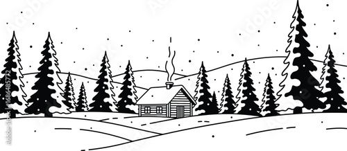 A cozy winter scene with a small cabin nestled among snow-covered pine trees, smoke rising from the chimney