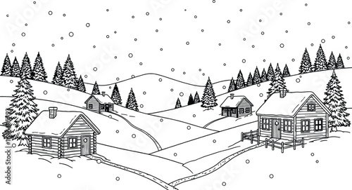 Enchanting Winter Landscape with Cozy Cabins and Snowfall - A Detailed Black and White Illustration