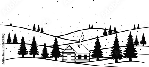 Vector illustration of a serene winter landscape with a smoking chimney on a log cabin. Black and white drawing of a snowy mountain retreat surrounded by fir trees