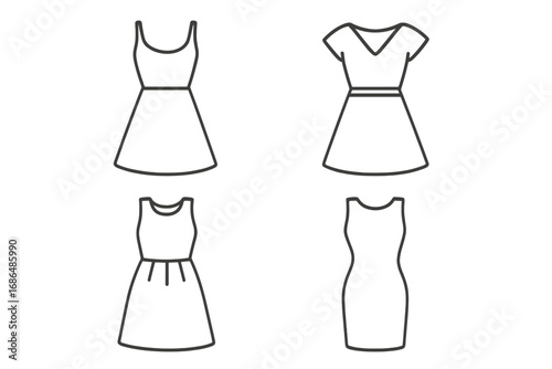 Collection of women's dress line icons. Fashion apparel symbols set. Vector summer sundress, A-line, sheath dress outlines. Thin line graphic for web, app, logo, boutique.