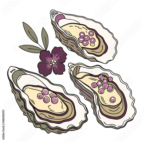 Oysters with Champagne Pearls Vector Illustration – Fine Dining Seafood Clipart. Perfect for: luxury dining branding, upscale menus, gourmet posters