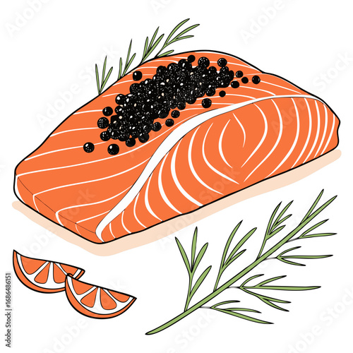 Salmon Fillet with Caviar Vector Illustration – Gourmet Fine Dining Clipart. Perfect for: high-end restaurant menus, gourmet branding, culinary magazines