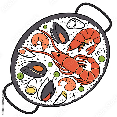 Spanish Seafood Paella Pan Vector Illustration – Vibrant Culinary Clipart. Perfect for: Spanish cuisine branding, cultural food posters, recipe books