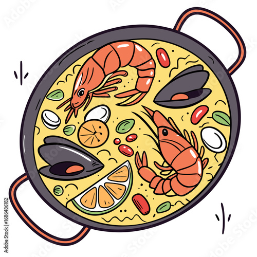 Spanish Seafood Paella Pan Vector Illustration – Vibrant Culinary Clipart. Perfect for: Spanish cuisine branding, cultural food posters, recipe books