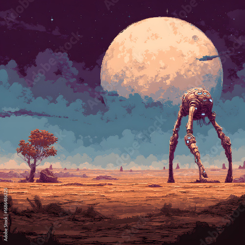 Pixel Art Rendering of an Alien Creature on a Distant Planet Under a Large Moon in a Surreal Landscape