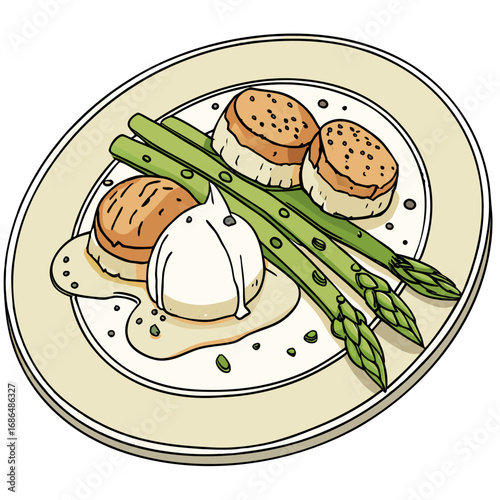 Seared Scallops with Truffle Foam Vector Illustration – Fine Dining Seafood Clipart. Perfect for: fine dining branding, upscale menus, gourmet culinary design