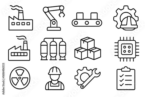 Industrial line icon set. Factory, manufacturing, and production symbols. Vector outline icons for automation, engineering, logistics, power, and technology. Robot arm.