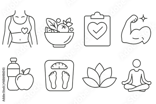 Healthy lifestyle line icon set. Fitness, wellness, nutrition and sport outline symbols. Healthy food, diet, yoga, meditation, gym and weight loss vector concepts.