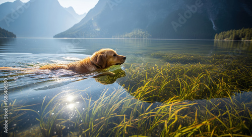 A Golden Retriever dog swims in a lake.