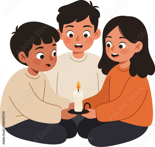 Flat Illustration Group of Children Holding Candle Together in Dark Celebration