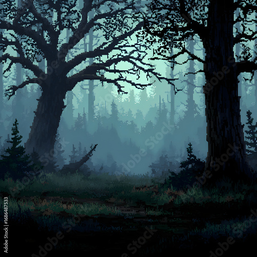 Haunting Pixel Art of Dark Trees in Foggy Forest Setting with Mysterious Atmosphere